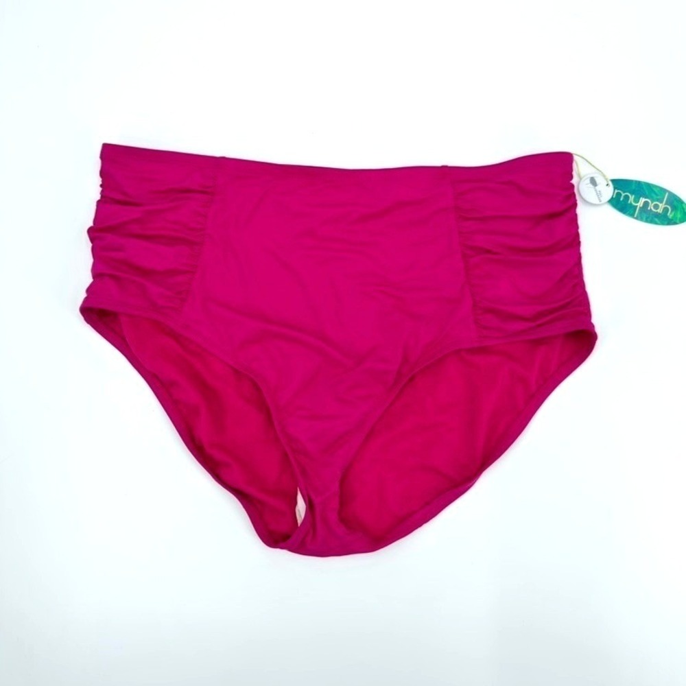 Mynah Women Magenta High Rise Tummy Control Ruched Bikini Bottom 20W New